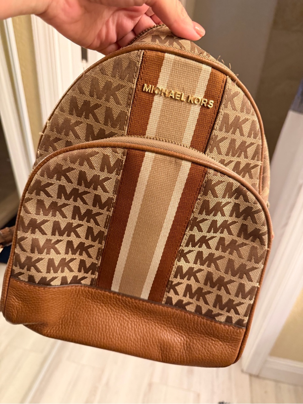 Michael Kors Tan & Brown Stripe Logo Mini Backpack